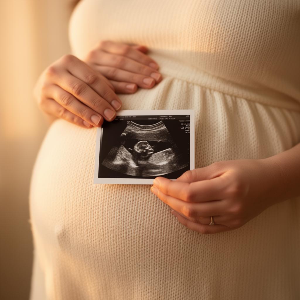 A mother's hands gently holding a sonogram against her pregnant belly